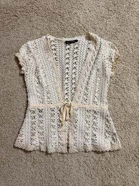 Dance in Paris Cream Crochet Knit Tie-Front Short Sleeve Cardigan Shrug